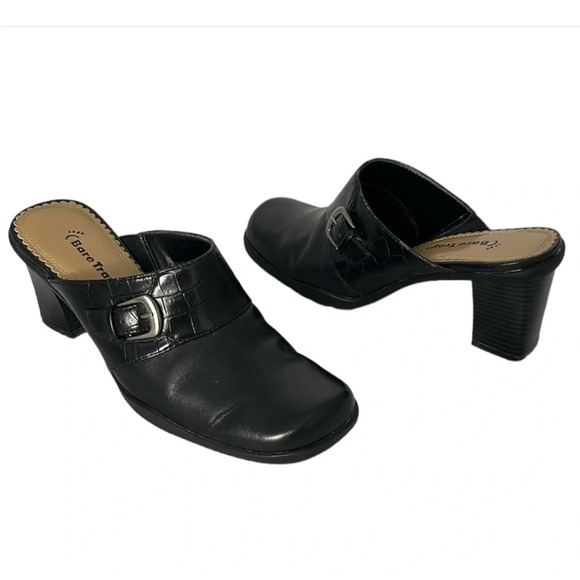 BARETRAPS Vivid Black Leather Chunky Heeled Mules Croc Effect Square Toe Size 6 - Picture 2 of 12